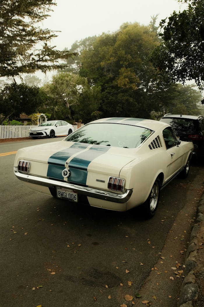 our-story Classic white car parked on a quiet tree-lined street, vintage vibe.